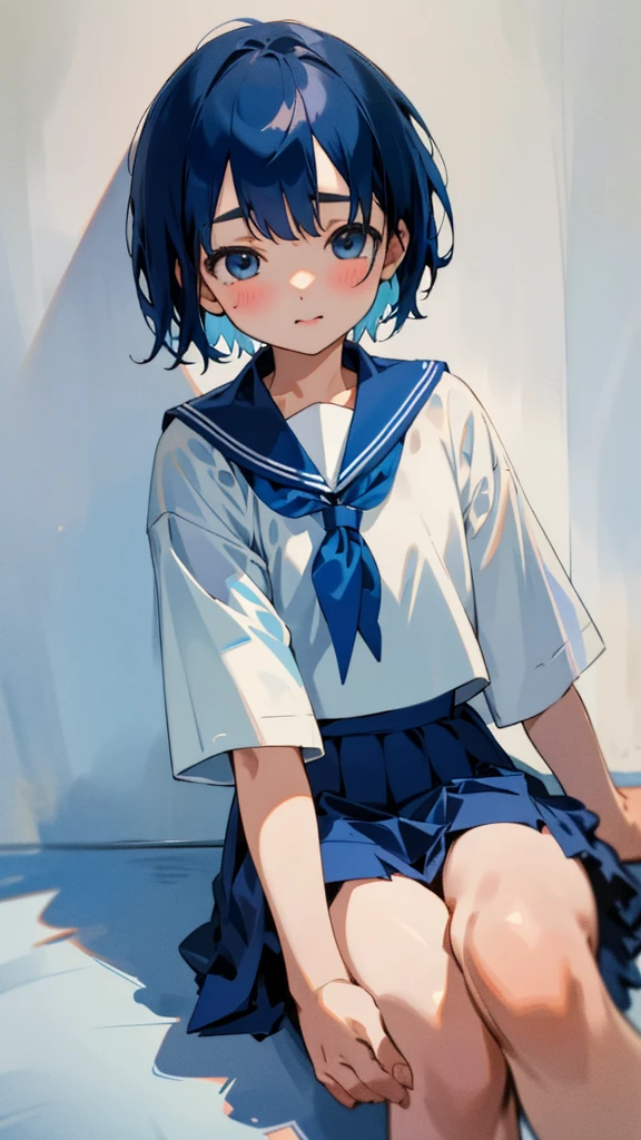 1 Girl、Boyish and short hair、Looking at the audience、Sailor suit 、Sit down、Cowboy Shot、Laughter、Blue Skirt、in house、(Highest quality、masterpiece、Hyperrealism)、Beautiful and delicate portrait of a 女の子と a soft and peaceful expression、Dark blue hair、White hair band