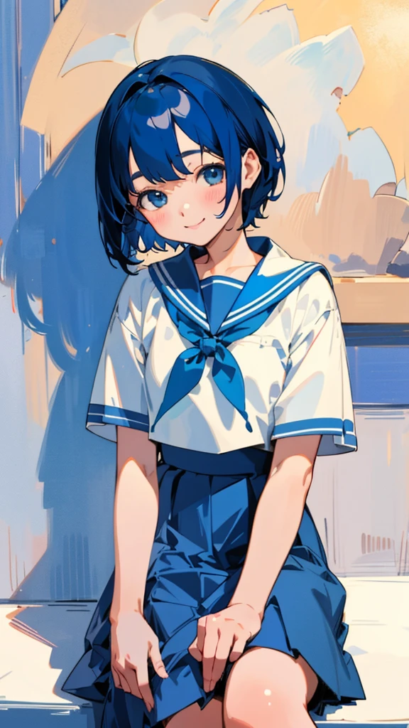 1 Girl、Boyish and short hair、Sailor suit 、Sit down、Cowboy Shot、smile、smile、Blue Skirt、in house、(Highest quality、masterpiece、Hyperrealism)、Beautiful and delicate portrait of a 女の子と a soft and peaceful expression、Dark blue hair、White hair band