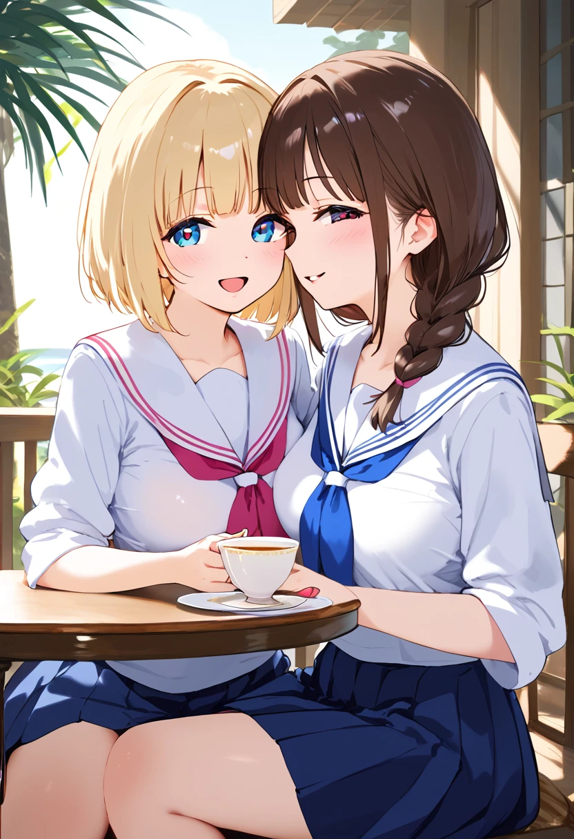 Highest quality、High resolution、Detailed Background、Beautiful face in every detail、Teenage beauty、Cute hair colour、Braided bob cut、ponytail、Sailor suit、Calm atmosphere、Happy expression、clear、
(Two women enjoying tea time in a cute cafe:1.5)