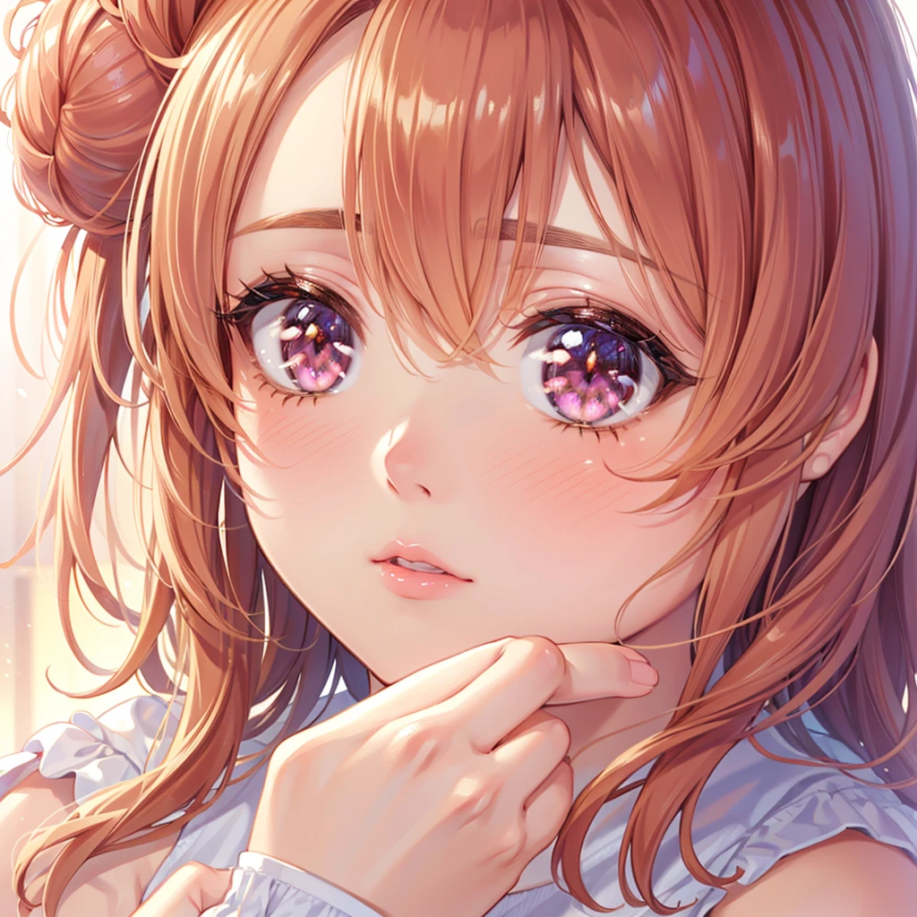 1girl, solo, masterpiece, best quality, high res, highly detailed, illustration, game cg, (beatiful detailed eyes), yuigahama yui, single hair bun, glossy lips, light makeup, blush, close up, head and shoulders, shirt, shining eyes, beautiful detailed hair