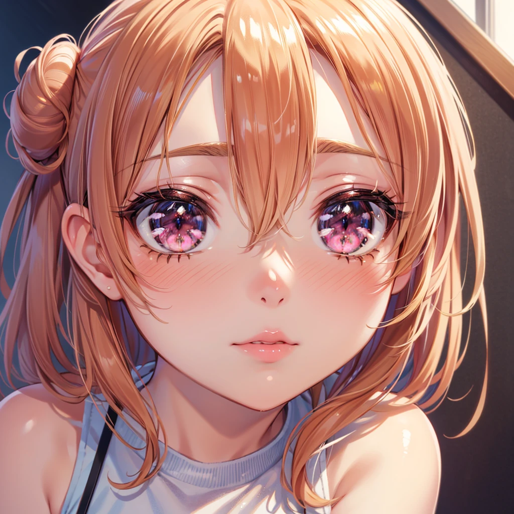 1girl, solo, masterpiece, best quality, high res, highly detailed, illustration, game cg, (beatiful detailed eyes), yuigahama yui, single hair bun, glossy lips, light makeup, blush, close up, head and shoulders, shirt, shining eyes, beautiful detailed hair