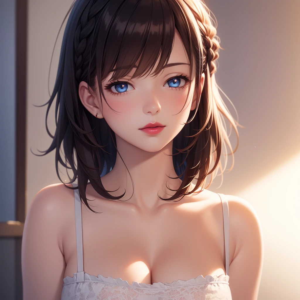 1girl, natural lighting, masterpiece, highly detailed, realistic, illustration, game cg, high quality, aichan, cleavage, short fluffy hair, lipstick, beautiful detailed eyes, detailed hair, side braid, close up