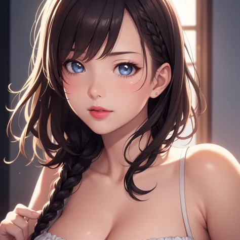 1girl, natural lighting, masterpiece, highly detailed, realistic, illustration, game cg, high quality, aichan, cleavage, short f...