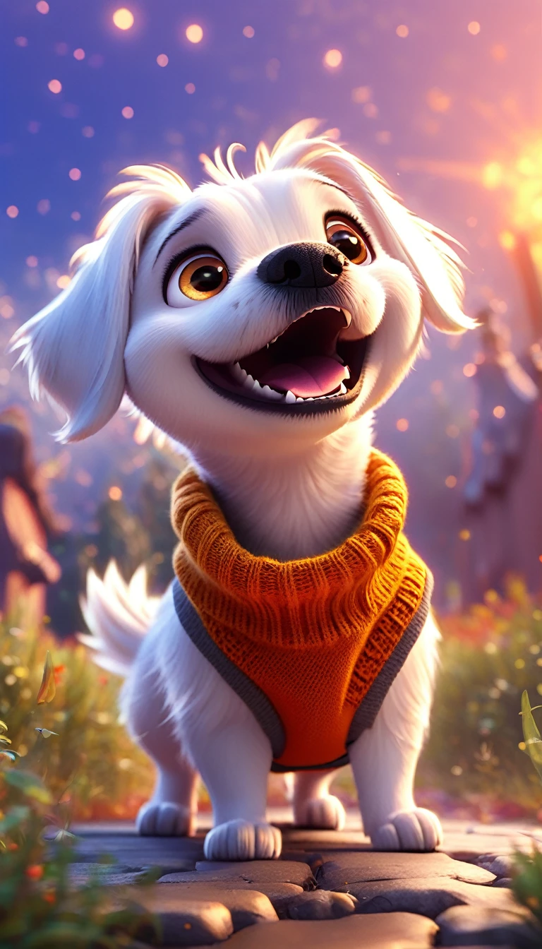 cute white dog, cartoon, meteor, fire sky,arms, sweater, cute eyes, looking at viewer, hands up, effects background, florest, particles,