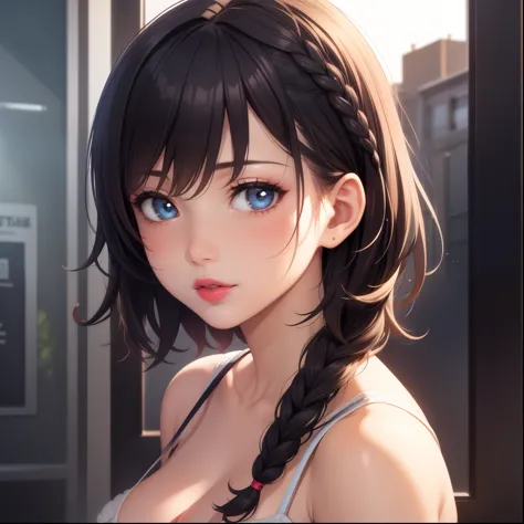 1girl, natural lighting, masterpiece, highly detailed, realistic, illustration, game cg, high quality, aichan, cleavage, short f...