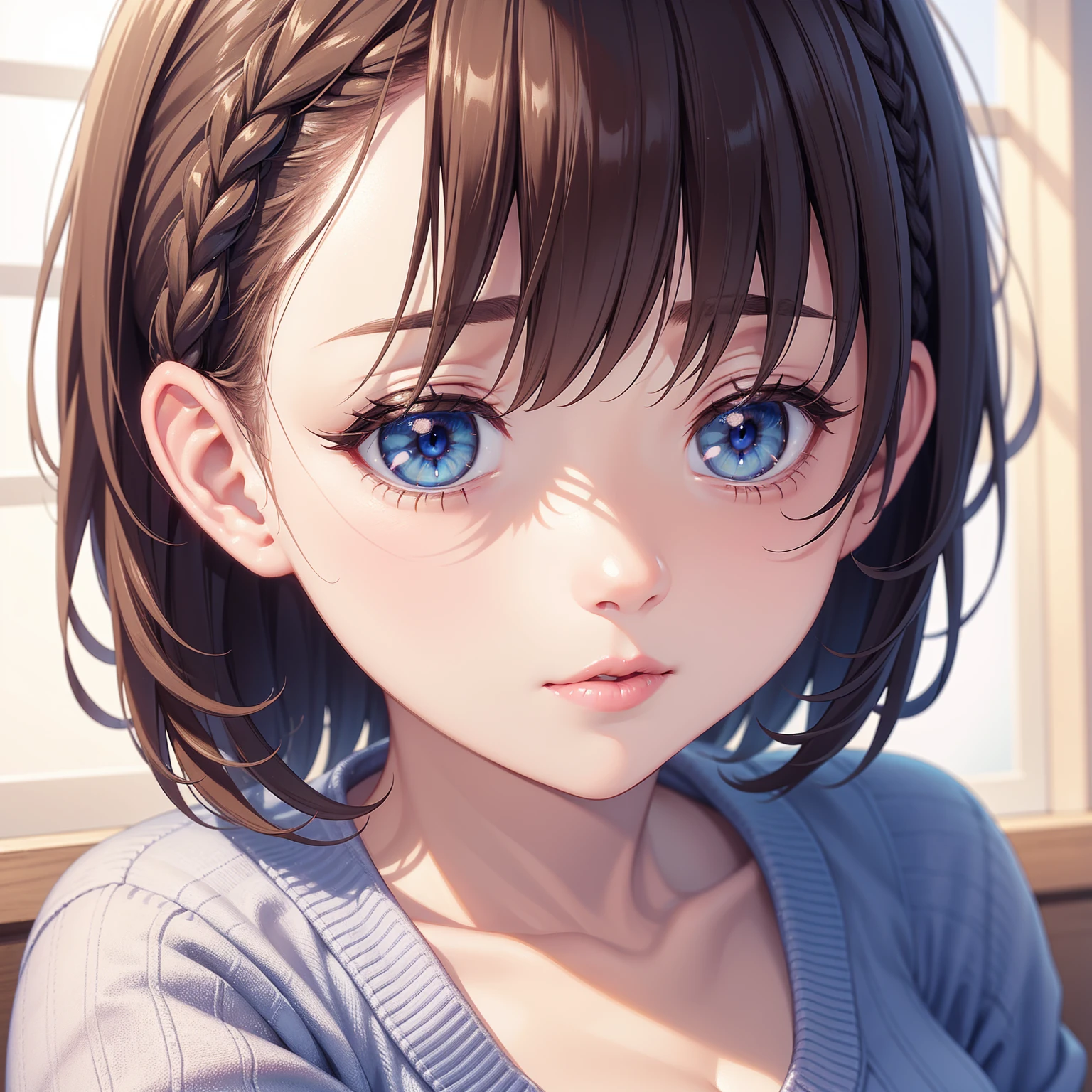 1girl, natural lighting, masterpiece, highly detailed, illustration, game CG, absurdres, high quality, glossy lips, aichan, large breasts, blue eyes, beautiful detailed eyes, short brown hair, side braid, close up