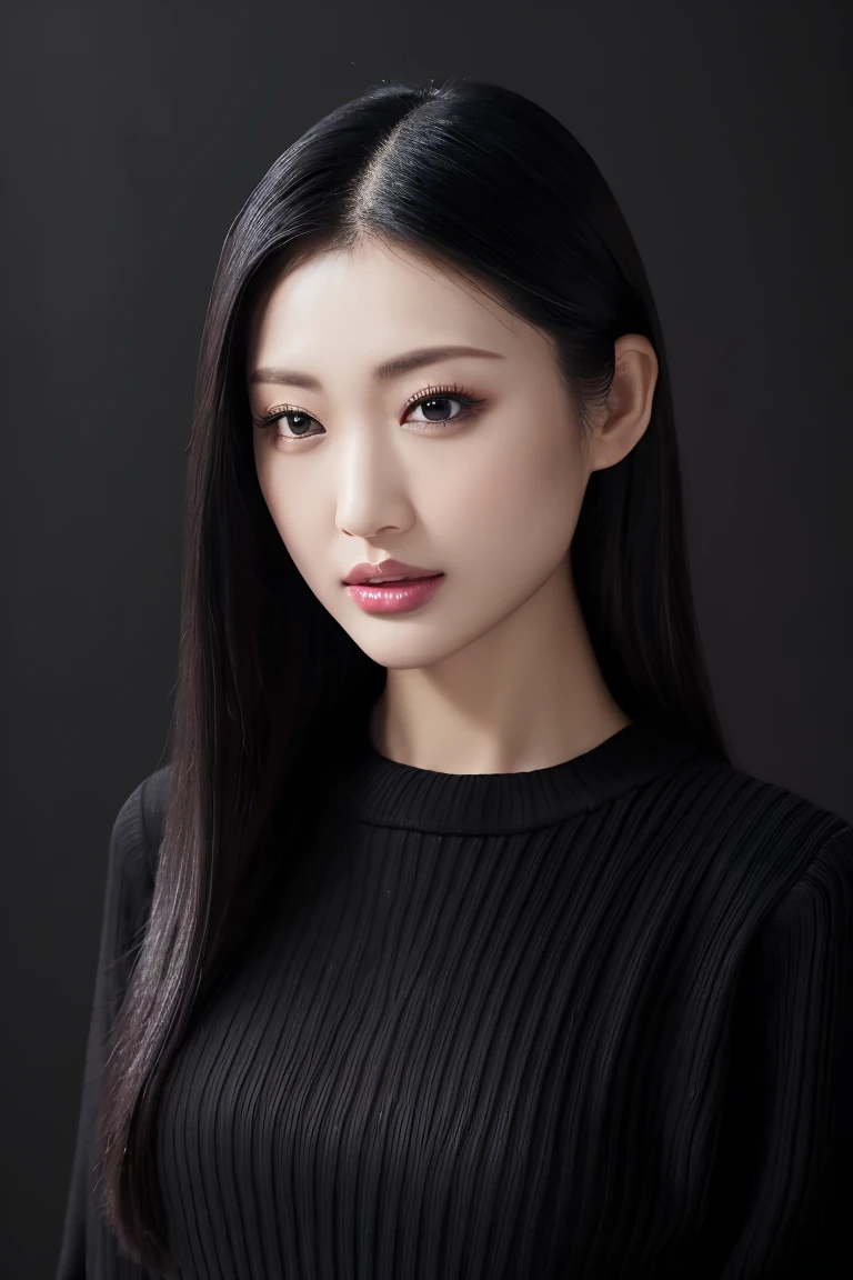 (Highest quality、Tabletop、8K、Best image quality、Award-winning works)、(The simplest pure black background:1.5)、(Expressionless:1.1)、(jet black knit sweater:1.1)、(Face close-up:1.2)、Straight Long Hair、Stand upright facing forward、Perfect Makeup、Beautiful, glossy, perfect lips