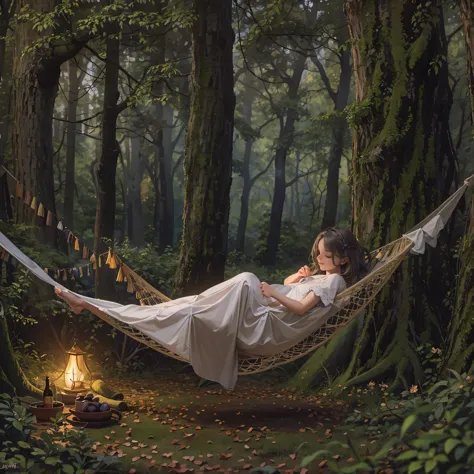 masterpiece, hi-res, girl,sleeping in hammock, nightgown, (travel lady), woods, trees, mounts, tents, picnic, adventure ,  liz.a...