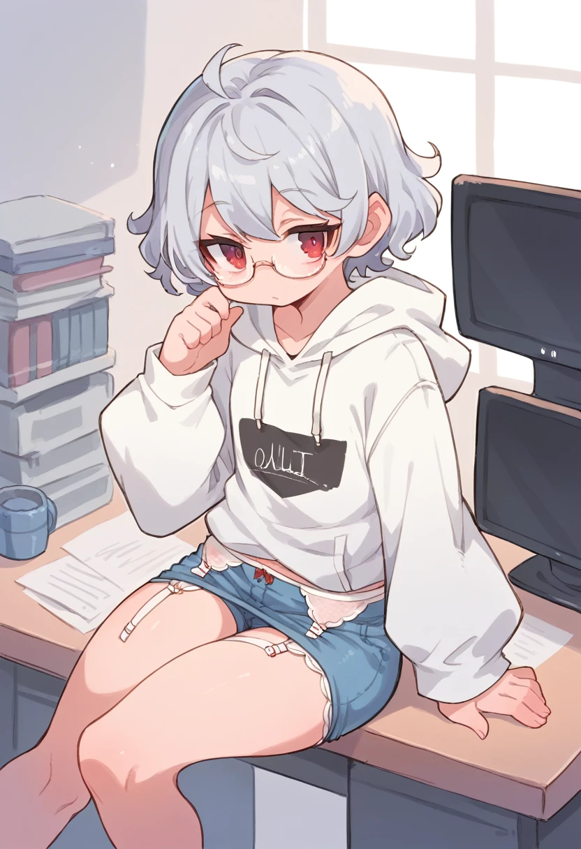 ((Perfect human body)),1girl,Silver Hair,Red eyes,Curly medium short hair,Square glasses,Wearing a large white coat,hoodie,,Dairy-free,garter belt,Sit on a chair,desk,Character portrait,full Art,Large surveillance monitor,computer,Messy desk,Short denim pants