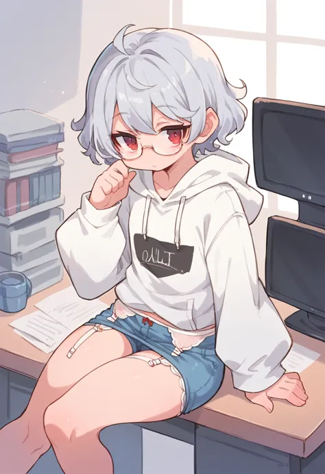 ((perfect human body)),1girl,silver hair,red eyes,curly medium short hair,square glasses,wearing a large white coat,hoodie,,dair...