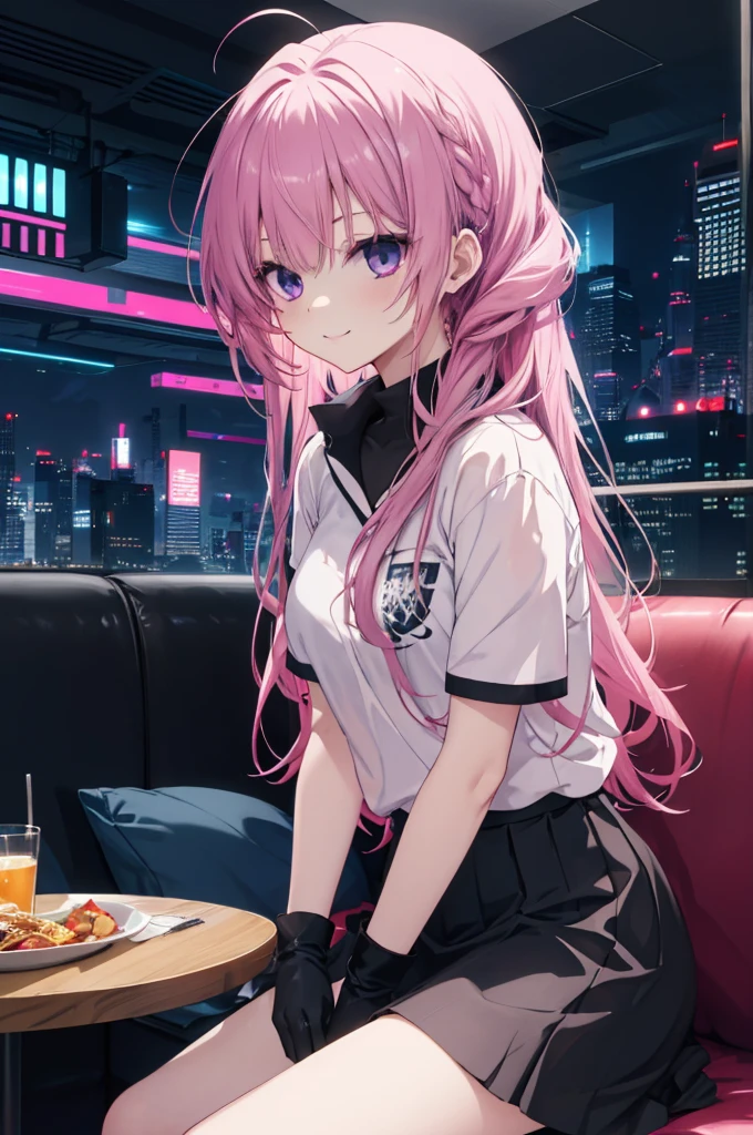 A girl，Solitary，Pink long hair，Moderate，Smile，Medium-length hair，Messy hair，Short sleeve，Short sleeve game clothes，Black skirt，Black gloves，cyberpunk Characters,night, night city background，cyberpunk, Anime style 4k, Sitting on the sofa，indoors，In the restaurant，Black Ayase Ayase、character-centered,full_shot,full_shot,