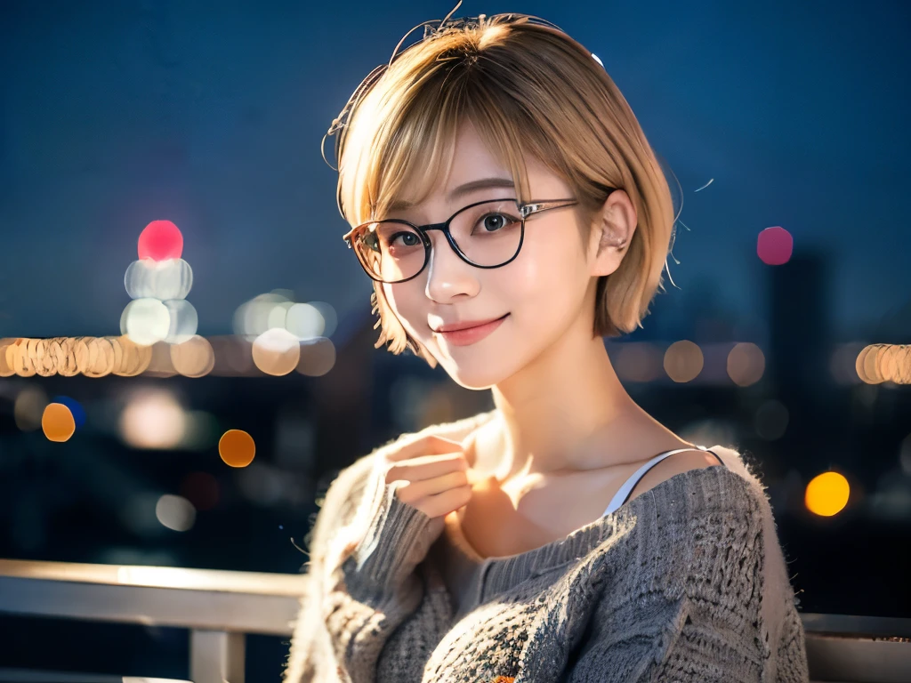 Japanese girl in casual clothes、Observe the audience、Tokyo cityscape at night、(Highest quality、masterpiece)))、HD Fine、Very detailed、masterpiece、Cinema Lighting、(8K、Highest quality、masterpiece:1.2)、(Realistic、Realistic:1.37) High resolution、Very detailed、Woman wearing glasses、A look of silence、Round Glasses、Asian, cute, cute顔, alone,Blonde Short Hair 1.2, Textured skin, Beautiful smile, Beautifully detailed night sky, Night view, Cinema Lighting, Written boundary depth, Lens flare light、date、(Blushing your nose)、、(Mouth closed)Small breasts、A beautiful eye for detail、(sweater:1.1)、(Blonde Short Hair:1.2)、Floating Hair Nova Frog Style、