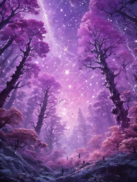 a fascinating space landscape featuring a mystical forest-like constellation, fascinating purple intricate patterns, pink, white...