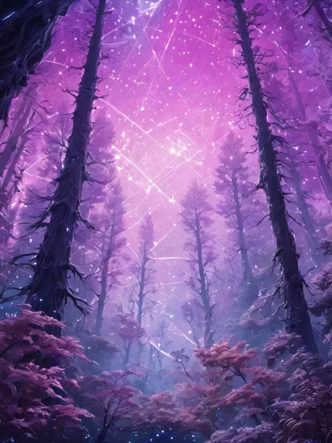 a fascinating space landscape featuring a mystical forest-like constellation, fascinating purple intricate patterns, pink, white...