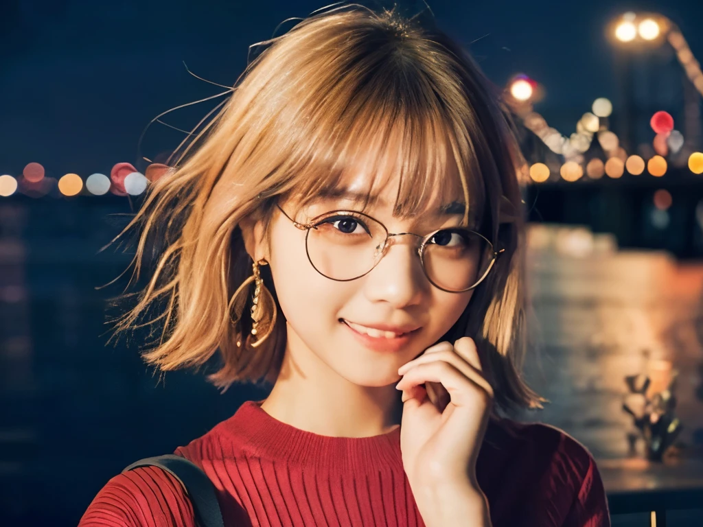 Japanese girl in casual clothes、Observe the audience、Tokyo cityscape at night、(Highest quality、masterpiece)))、HD Fine、Very detailed、masterpiece、Cinema Lighting、(8K、Highest quality、masterpiece:1.2)、(Realistic、Realistic:1.37) High resolution、Very detailed、Woman wearing glasses、A look of silence、Round Glasses、Asian, cute, cute顔, alone,Blonde Short Hair 1.2, Textured skin, Beautiful smile, Beautifully detailed night sky, Night view, Cinema Lighting, Written boundary depth, Lens flare light、date、(Blushing your nose)、、(Mouth closed)Small breasts、A beautiful eye for detail、(sweater:1.1)、(Blonde Short Hair:1.2)、Floating Hair Nova Frog Style、