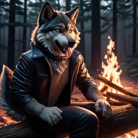 Sitting in front of campfire on log, Male, 30 years old, happy, mouth open with tongue hanging out, black leather jacket, anthro...