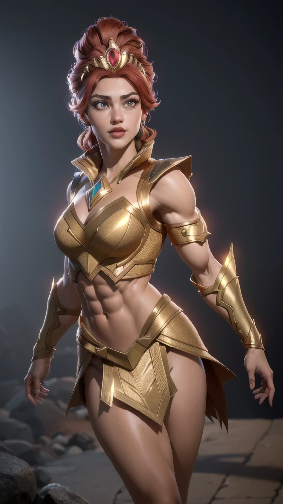 A woman in a gold outfit posing for a photo (best quality:1.33), (masterpiece:1.42),(semi realistic:1.3), (detailed:1.15),(film grain, skin details, 4k:1), Dappled Light, analog style (look at viewer) (skin texture) (film grain), (hyper realistic texture skin:1.3), cinematic light, sidelighting, ultra high res, best shadow, RAW, (Dutch angle:1.1), photoshoot of amazing the 
TeelaQuiron character,  1girl, (red hair),  gold tiara, gold armor, muscle legs, abs,  Classic headshot pose, 
 