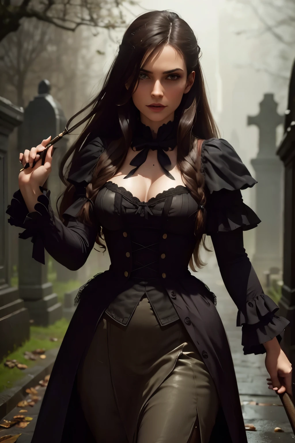 Cinematic, Vampire slayers, walks in an Gothic cemetery at night wearing a gothic dress, fog and rainy condition, ghostly atmosphere, 1800s, (high skin detail: 1.2), ultra-detailed, photo-realistic, depth of field, cinematic lighting, IMAX camera, HDR, DTM, Full HD, 8k