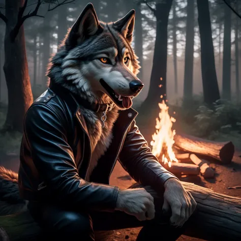 Sitting in front of campfire on log, Male, 30 years old, happy, mouth open with tongue hanging out, black leather jacket, anthro...