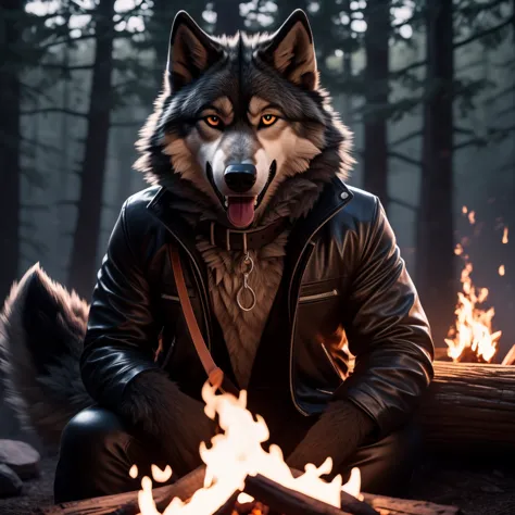 Sitting in front of campfire on log, Male, 30 years old, happy, mouth open with tongue hanging out, black leather jacket, anthro...