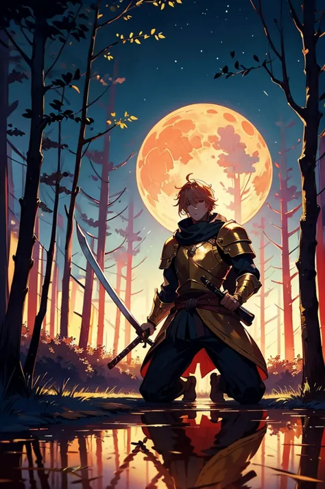 1man, 1sword, a man wearing golden medieval armor, brandishing a sword, spacious forest, in the background the full moon with a ...