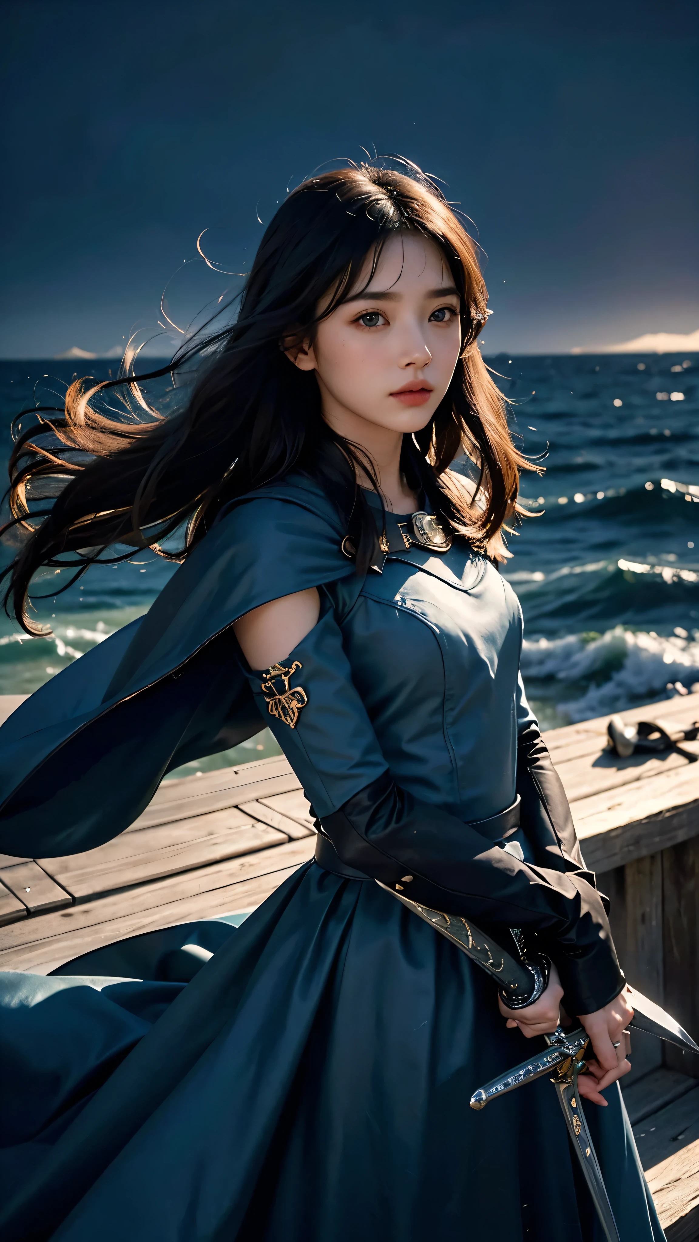 with high definition images，Young beautiful woman、Boat solo、Heroic Cape、、Highest quality、4K、HDR、Sea of stars、romantic、small、Sharp Focus、Super detailed、landscape、idealism、Large sword、dusk、High contrast、Dreamy atmosphere、Realistic、Black Hair、Piercing blue eyes、Stoic expression、Device、far away、Bokeh、Dramatically illuminated、Enchanting。