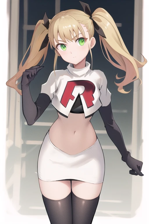 masterpiece, best quality, highres, 1girl twintails hair ribbon, green eyes, team rocket,team rocket uniform,white skirt,red letter R,crop top,black thigh-highs,black elbow gloves