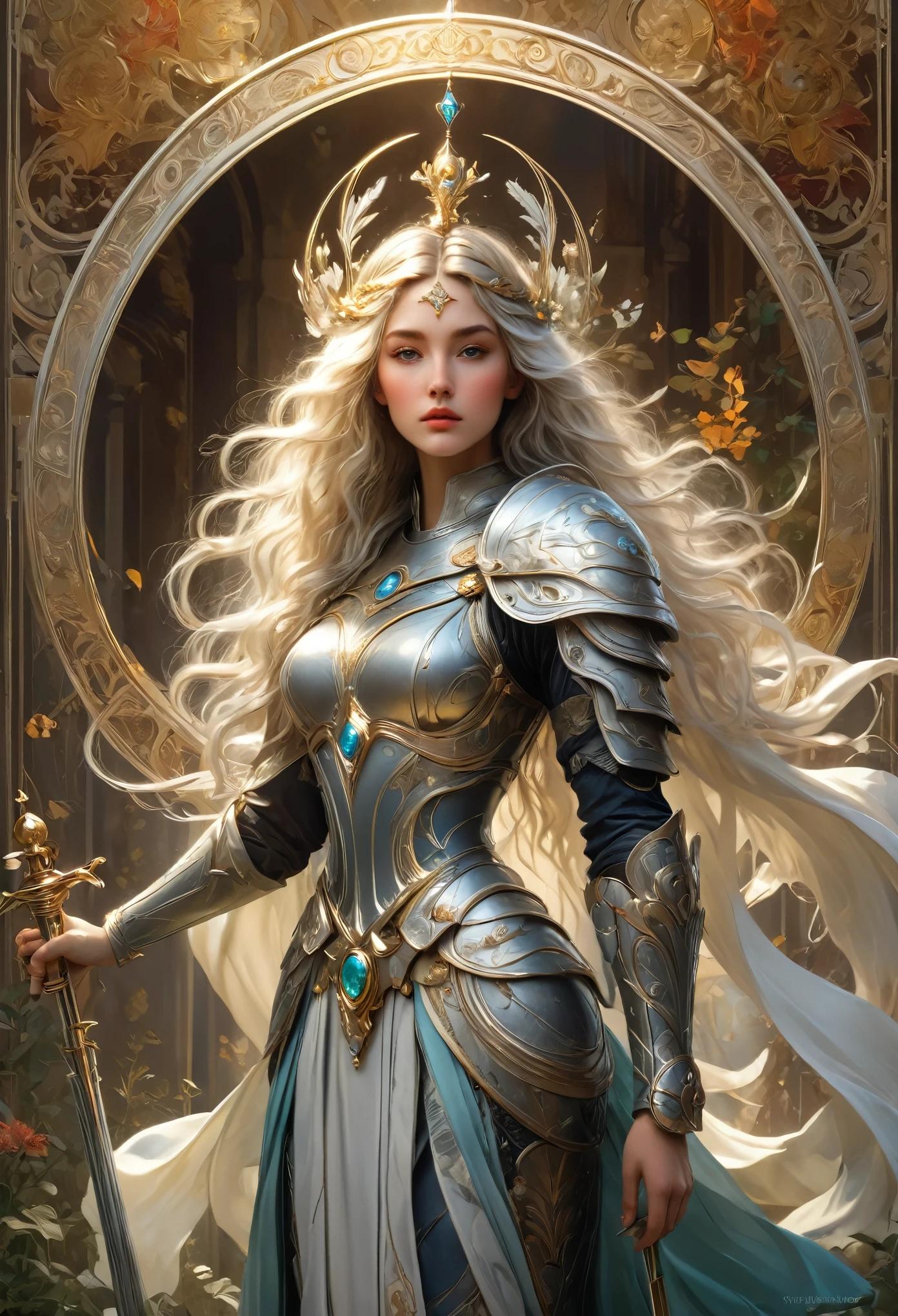 8K resolution, masterpiece, Highest quality, Award-winning works, unrealistic, sole sexy lady, healthy shaped body, 2, white wavy long hair, hair band, big firm bouncing bust, ancient roman military commander's armor, Pure white armor with a complex structure, royal coat of arms, Hold up Excalibur with both hands, elegant, Very detailed, Digital Painting, artステーション, コンセプトart, Smooth, Sharp focus, shape, artジャム、Greg Rutkowski、Alphonse Mucha、William Adolphe Bouguereau、art：Stephanie Law , Magnificent royal background, Royal Jewel, nature, Full Shot, Symmetric, Greg Rutkowski, Charlie Bowwater, beep, Unreal 5, Surreal, Dynamic Lighting, ファンタジーart, Complex colors, Colorful magic circle, flash, dynamic sexy poses