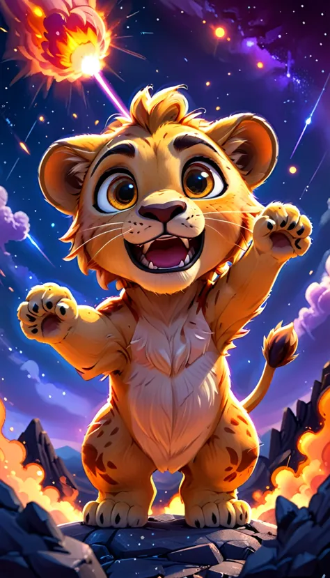 cute baby lion, standing on meteor ,cartoon, meteor, fire sky,arms, , cute eyes, looking at viewer, hands up, effects background...