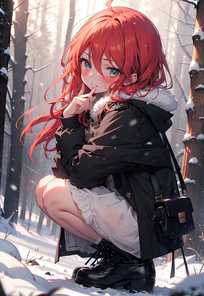 Shana,Shakugan pas Shana,cheveux longs, Roux, les yeux rouges,ahogé,,sourire,rougir,souffle blanc,
Ouvrez la bouche,neige,Feu de joie au sol, Extérieur, bottes, neigeing, Du côté, bois, valise, cap, Flou, , forêt, Sac à main blanc, nature,  s&#39;accroupir, Bouche fermée, cap, hiver, Profondeur de la limite écrite, Chaussures noires, red cap casser looking at viewer, Haut du corps, tout le corps, casser Extérieur, forêt, nature, casser (chef-d&#39;œuvre:1.2), la plus haute qualité, haute résolution, unité 8k fond d&#39;écran, (forme:0.8), (De beaux et beaux yeux:1.6), Visage très détaillé, éclairage parfait, CG extrêmement détaillé, (des mains parfaites, Anatomie parfaite),