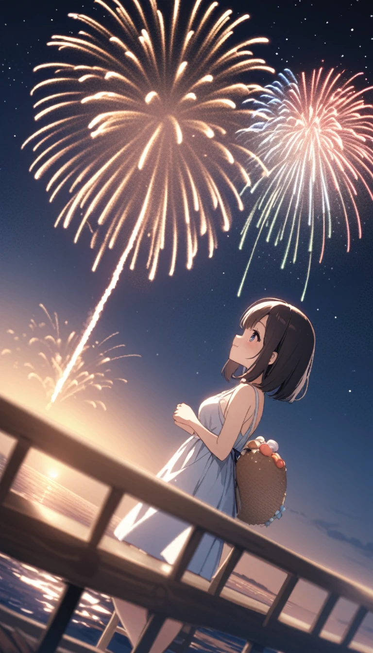 海辺のfogo de artifícioを見ながら佇む黒髪美少女、verão、noite、fogo de artifício、bonitinho、céu estrelado、chumbo grosso、visão、Ângulo Lateral、