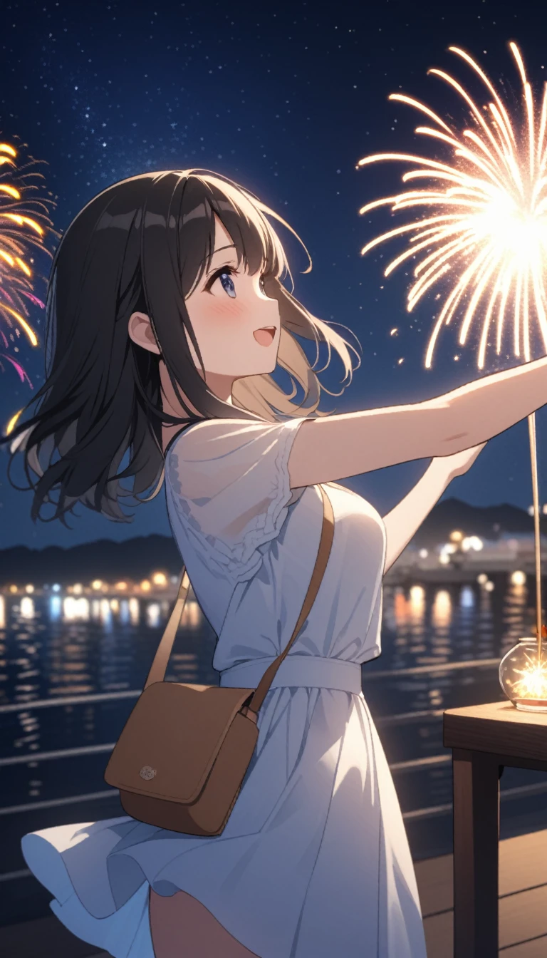 海辺のFeuerwerkを見ながら佇む黒髪美少女、summer、Nacht、Feuerwerk、Niedlich、sternenklarer Himmel、Rehposten、Vision、seitlicher Winkel、