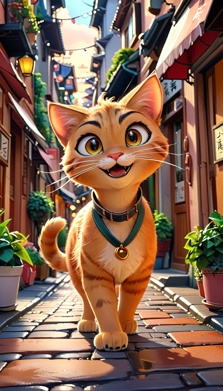 A cute, big, ginger-colored cat is walking down the street. A cute, big, ginger-colored cat with a hungry look is walking down a busy street.。Shops and people々as they come and go、The soft light of the evening envelopes the city.。The cat seems to be looking for something、Eyes darting around。