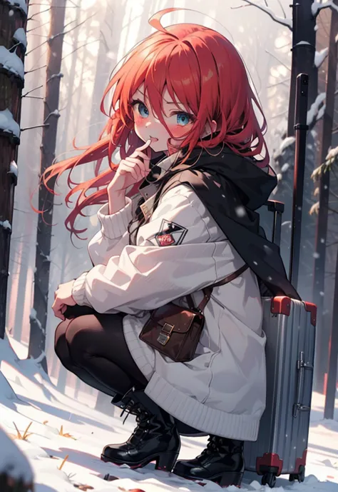 Shana,灼眼のShana,Long Hair, Redhead, Red eyes,Ahoge,,smile,blush,White Breath,
Open your mouth,snow,Ground bonfire, Outdoor, boots...