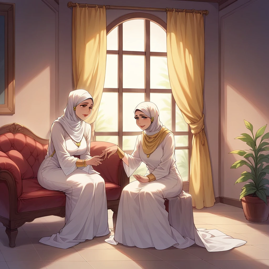 a beautiful Indonesian woman, wearing a hijab, wearing a long white dress, a gold bracelet on her right hand, a watch on her left hand, sitting on a red sofa in the corner of her living room, several family photos hanging on the purple wall, gold yellow curtains on the window.