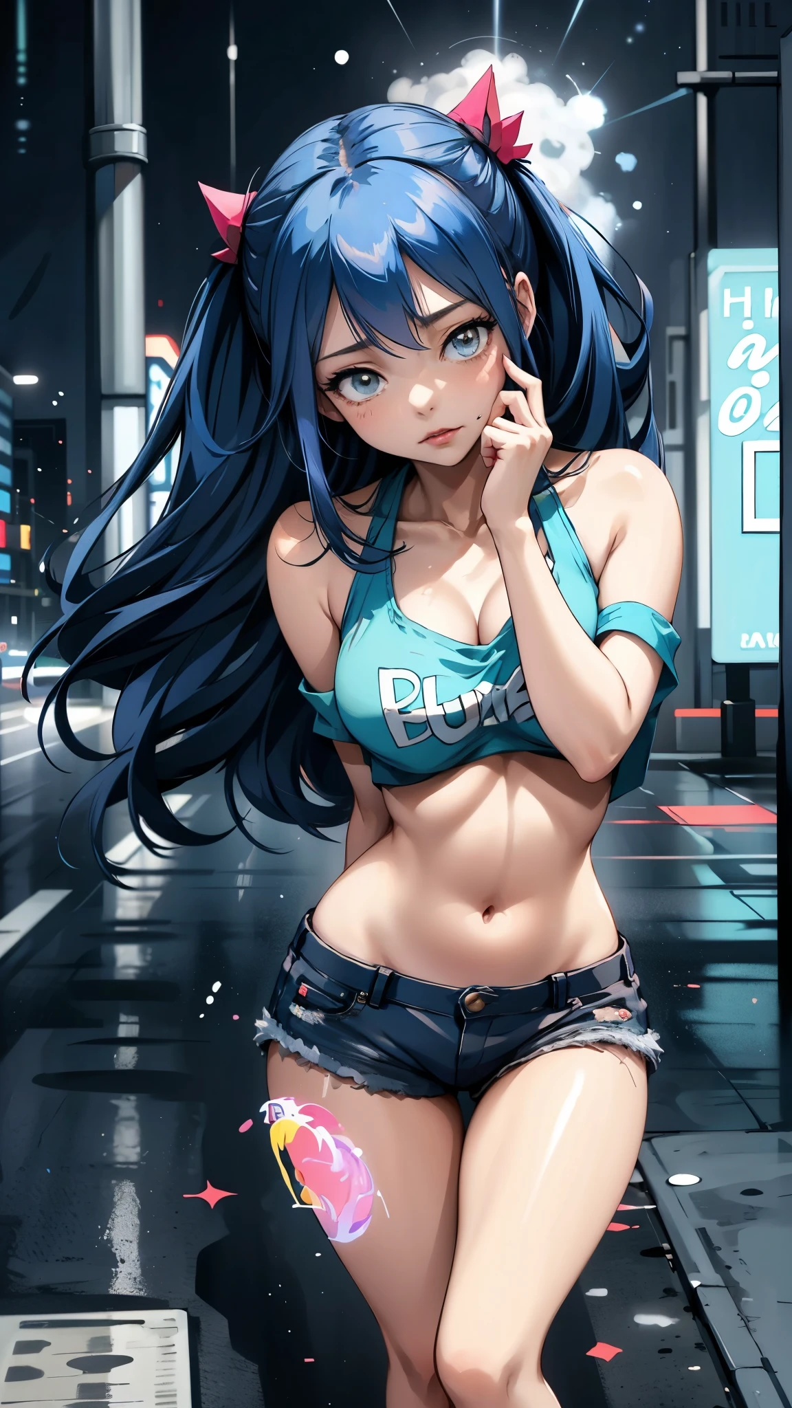 (beste Qualität,highres:1.2),ultra-detailliert,Realistisch,photoRealistisch:1.37,ein schönes Mädchen (Wendy Marvell aus Fairy Tail) Modell im Pop-Stil,16 Jahre alt,Lange Beine,kleine Brüste,extrem detailliertes Gesicht (mit Betonung auf azurblauen Augen),Ihr blau gefärbtes Haar(Zwillingsschwänze) fällt auf ihre Schultern.Sie trägt kurze schwarze Jeansshorts und ein kurzes weißes Top (sehr schäbig und stellenweise zerrissen),nach unten gebeugt, hebt ihren Arsch nach oben,mehr sexy posen,Illustration,farbenfroher Pop-Art-Stil,dynamische Beleuchtung,neon Farben,Nicht für die Arbeit geeignet