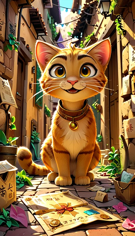 a cute big ginger cat finds an old treasure map in a quiet alley。there are old walls and garbage bags scattered around.、the ligh...