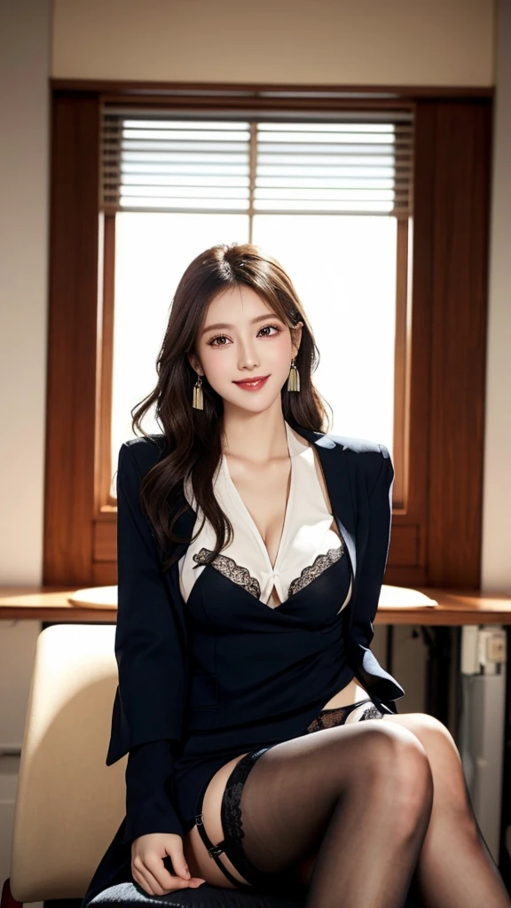 Highest quality、Artwork、In the office、Big Breasts、Japanese、sit cross-legged on a chair、Tight clothing、In a suit、Light makeup、Big eyes、Brown Hair、Wavy long hair、Small earrings、idelong glance、Smile、Ultra high definition、from below、Slender, slender legs, stockings, garter belt