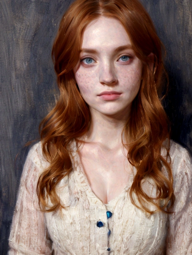 Very Detailed Photo, portrait, of a (handsome 25 years old human girl:1.3), medium-long fluffy ginger hair, ginger girl, pale, scruffy face, giner, oil painting, freckles, many freckles on face, blue-gray background, very detailed indigo eyes, looking off center at camera, 158cm, 52kg, busty, big UHD, 8K, realism, correct