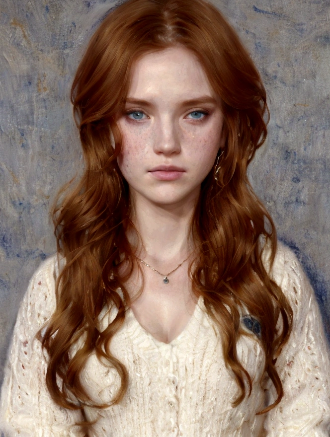 Very Detailed Photo, portrait, of a (handsome 25 years old human girl:1.3), medium-long fluffy ginger hair, ginger girl, pale, scruffy face, giner, oil painting, freckles, many freckles on face, blue-gray background, very detailed indigo eyes, looking off center at camera, 158cm, 52kg, busty, big UHD, 8K, realism, correct