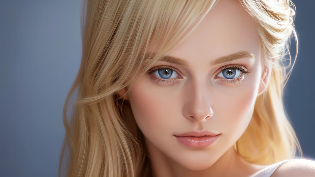 Suave retrato de una hermosa mujer rubia, cabello dorado que fluye, cautivadores ojos azules, facciones delicadas, maquillaje natural, vestimenta elegante, expresión gentil, rubor sutil, tonos de piel cálidos, Iluminación etérea, sombras suaves, Pintura digital de alta resolución, estilo realista, interpretación artística, por un hábil retratista