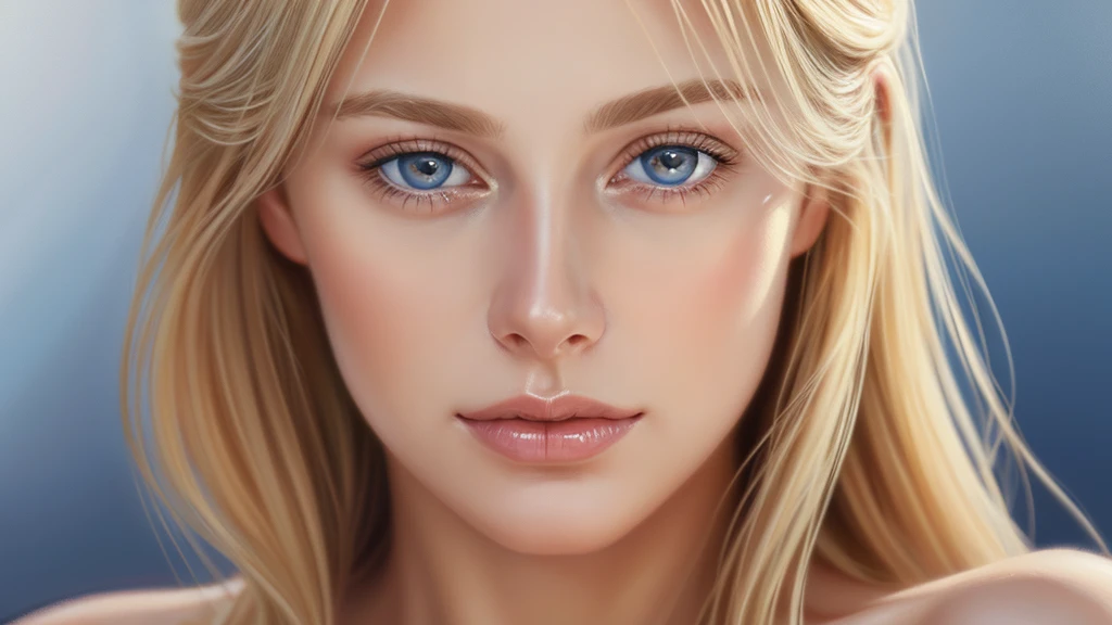 Suave retrato de una hermosa mujer rubia, cabello dorado que fluye, cautivadores ojos azules, facciones delicadas, maquillaje natural, vestimenta elegante, expresión gentil, rubor sutil, tonos de piel cálidos, Iluminación etérea, sombras suaves, Pintura digital de alta resolución, estilo realista, interpretación artística, por un hábil retratista