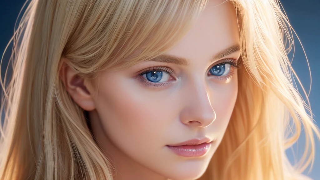 Suave retrato de una hermosa mujer rubia, cabello dorado que fluye, cautivadores ojos azules, facciones delicadas, maquillaje natural, vestimenta elegante, expresión gentil, rubor sutil, tonos de piel cálidos, Iluminación etérea, sombras suaves, Pintura digital de alta resolución, estilo realista, interpretación artística, por un hábil retratista