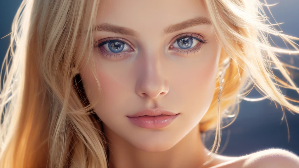 Suave retrato de una hermosa mujer rubia, cabello dorado que fluye, cautivadores ojos azules, facciones delicadas, maquillaje natural, vestimenta elegante, expresión gentil, rubor sutil, tonos de piel cálidos, Iluminación etérea, sombras suaves, Pintura digital de alta resolución, estilo realista, interpretación artística, por un hábil retratista