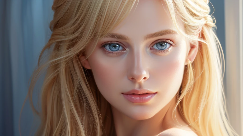 Portrait doux d&#39;une belle femme blonde, cheveux dorés qui coule, yeux bleus captivants, traits délicats, maquillage naturel, tenue élégante, expression douce, blush subtil, Teints chauds, éclairage éthéré, Ombres douces, Peinture numérique haute résolution, style réaliste, Interprétation artistique, par un portraitiste qualifié