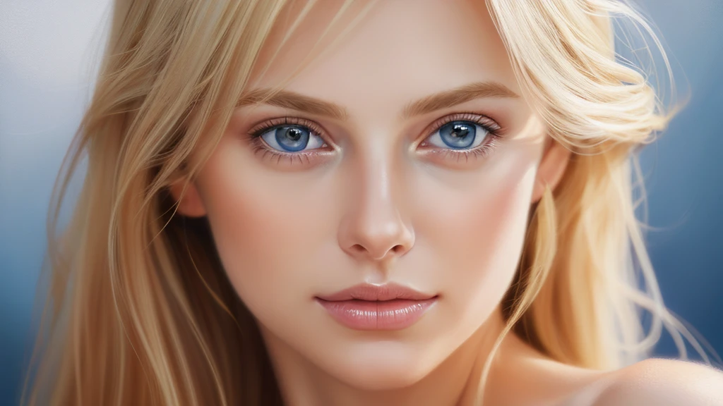 Suave retrato de una hermosa mujer rubia, cabello dorado que fluye, cautivadores ojos azules, facciones delicadas, maquillaje natural, vestimenta elegante, expresión gentil, rubor sutil, tonos de piel cálidos, Iluminación etérea, sombras suaves, Pintura digital de alta resolución, estilo realista, interpretación artística, por un hábil retratista