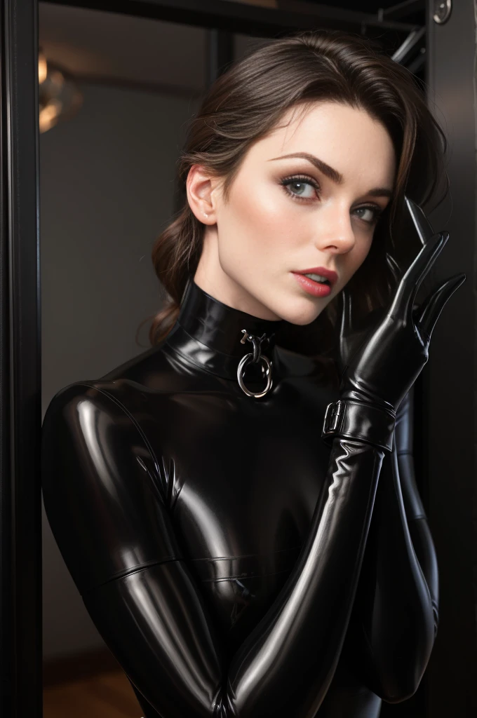 beautiful face,portrait,closeup, Joschek's Bondage Poses: Spreadeagle Tied, black see-through latex bodysuit, long sleeves,o-ring choker,black latex harness,latex elbow gloves,black cuffs latex thigh boots,