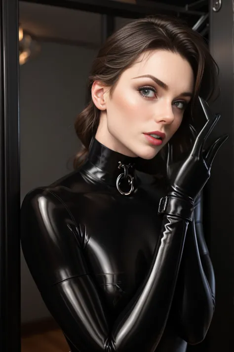 beautiful face,portrait,closeup, Joschek's Bondage Poses: Spreadeagle Tied, black see-through latex bodysuit, long sleeves,o-rin...