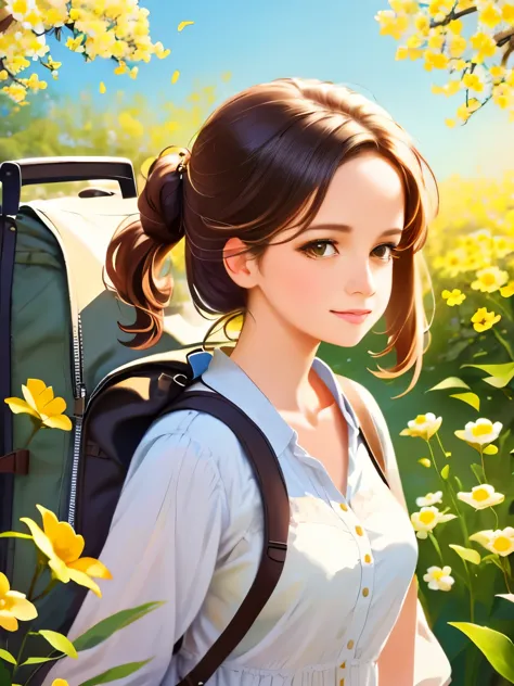 Tip: A very charming  with a backpack and her cute puppy enjoying a lovely spring outing surrounded by beautiful yellow flowers ...