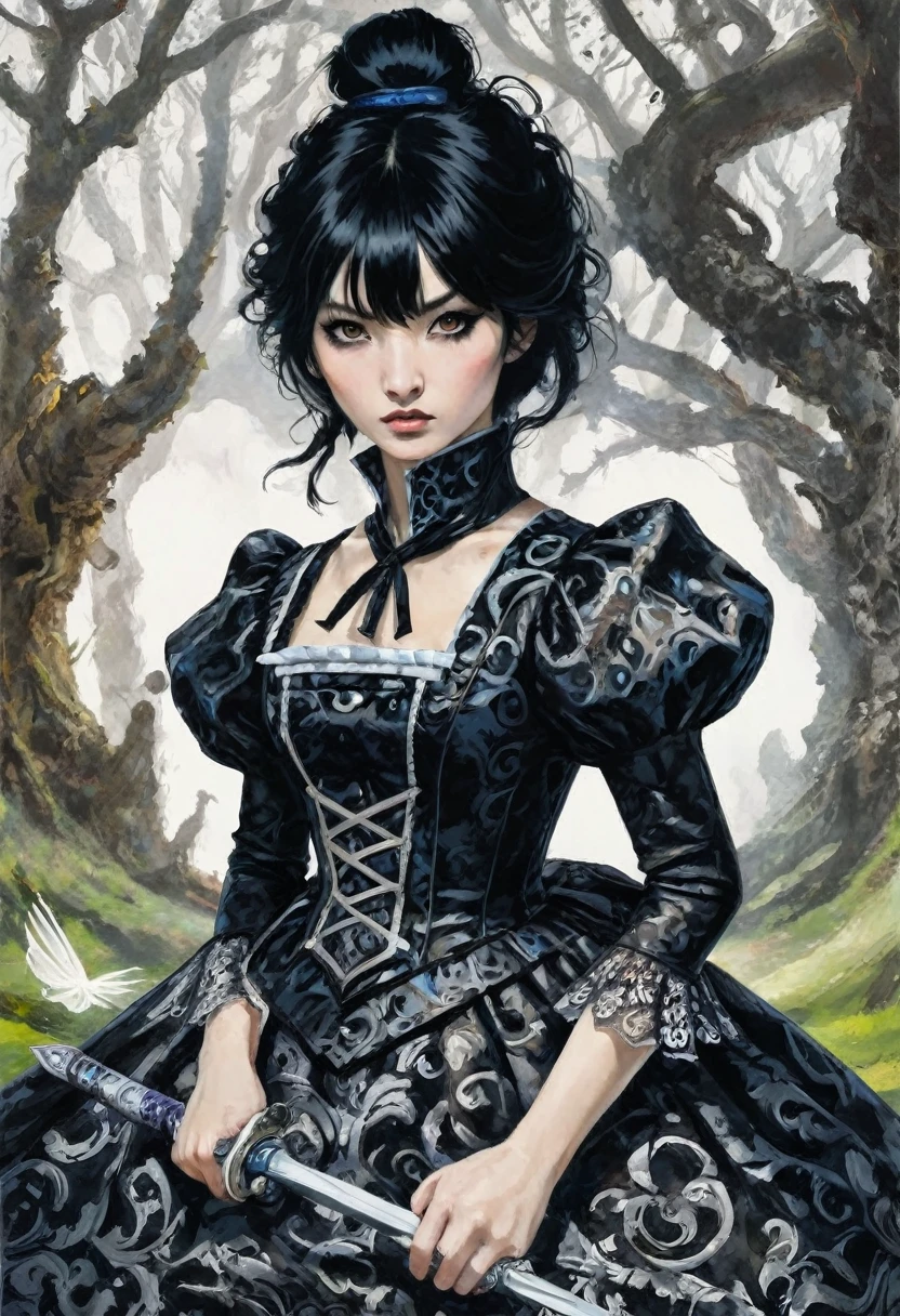 1girl, expressive black eyes, black hair, black patterned clothes dress ready for the battle, in wonderland, Ink Dyeing style